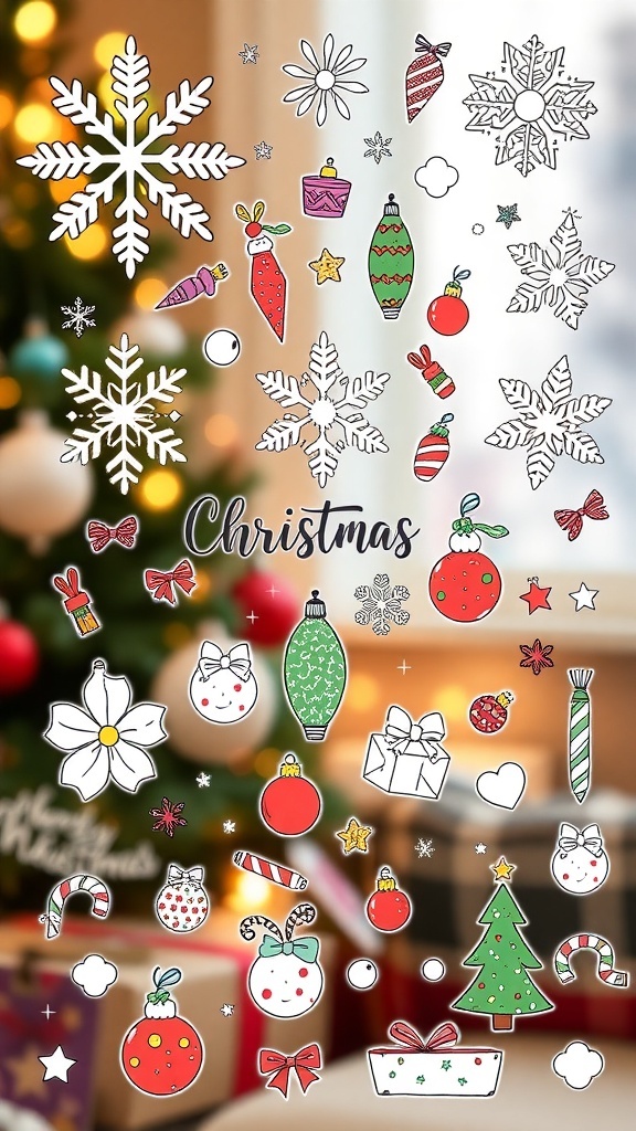 A variety of Christmas doodles including snowflakes, trees, and ornaments in a colorful and festive design.
